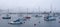 Sailing boats on a misty estuary. Early morning fog sits over calm water with sailboats and red Buoys in the foreground.