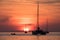 Sailing boats and powerboat at sunset.