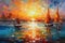 Sailing boats on the sea. Modern art oil painting. Seascape in the style of impressionism.