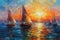 Sailing boats on the sea. Modern art oil painting. Seascape in the style of impressionism.