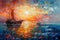 Sailing boats on the sea. Modern art oil painting. Seascape in the style of impressionism.