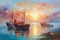 Sailing boats on the sea. Modern art oil painting. Seascape in the style of impressionism.