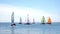 Sailing. Catamarans with colorful sails in open sea. Sports competitions on high seas. Regatta. Moving in wind on a