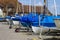 Sailing Dinghys and Yachts parked in the dinghy park of Bosham Sailing Club in West Sussex in the South of England