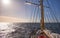 Sailing old schooner at sunset, travel and adventure concept