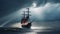 Sailing pirate ship on the high seas in the night. Old moonlit Flying Dutchman sailing