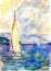 Sailing racing yachts during a regatta against the backdrop of green hilly shores. Watercolor color drawing