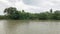 Sailing through rainforest by the riverbank on cloudy day. Brown water is typical of tropical river color in asia during monsoon a