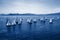 Sailing regatta, group of small water racing boats in Mediterranean, panoramic view with blue mountains on horizon on toning in