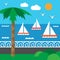 Sailing regatta and seashore. Yachting. Seashore and palm. Set of elements in flat style.