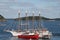 Sailing schooner, fishing boat, island