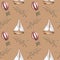Sailing ship, air balloon, airplane watercolor seamless pattern isolated on beige. Boat, aircraft, vessel, aerostat hand