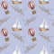 Sailing ship, air balloon, airplane watercolor seamless pattern isolated on blue. Boat, aircraft, vessel, aerostat hand