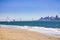 Sailing ship as seen from Angel Island; on the background the Bay Bridge and Alcatraz Island and the Financial District skyline,