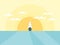 Sailing ship in the background of the sun in a flat style with a shadow. Sea daylight. Vector