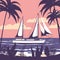 Sailing ship banner retro vintage tropical flora palm silhouettes. Nautical ocean sailing yacht or traveling. Vector