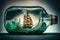 Sailing ship in a bottle with water splashes