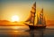 Sailing ship on calm tranquil waters,with the sun reflecting in the sea