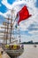 Sailing ship Cuauhtemoc seen wth huge waving Mexican flag in Antwerp during the Tall Ships Races 2016 event