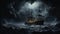 A sailing ship in a dark stormy night