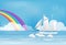 Sailing ship with Dolphin in the sea and rainbow on blue sky