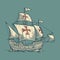Sailing ship floating on the sea waves. Caravel Santa Maria with Columbus. Hand drawn design element. Vintage vector