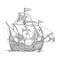 Sailing ship floating on the sea waves. Caravel Santa Maria with Columbus. Hand drawn design element. Vintage vector