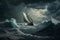 Sailing ship in a giant storm with crashing waves. Sailing Boat inside a Giant Storm dramatic scene. Ai generated