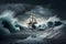 Sailing ship in a giant storm with crashing waves. Sailing Boat inside a Giant Storm dramatic scene. Ai generated