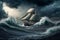 Sailing ship in a giant storm with crashing waves. Sailing Boat inside a Giant Storm dramatic scene. Ai generated