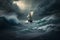 Sailing ship in a giant storm with crashing waves. Sailing Boat inside a Giant Storm dramatic scene. Ai generated