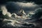 Sailing ship in a giant storm with crashing waves. Sailing Boat inside a Giant Storm dramatic scene. Ai generated