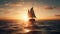 Sailing ship glides on tranquil sunset waters generated by AI