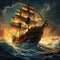 Sailing ship going in wild sea. Epic beautiful storm at sea