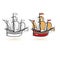 Sailing ship icons. Linear and colorful ship icon.