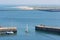 Sailing ship leaving harbor Helgoland, German island in the Northsea.