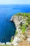 Sailing ship near rocky cliffs with pine forest, Adriatic sea, Croatia