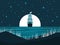 Sailing ship at night against the full moon. Moonlight on the water. Seascape. Vector