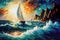 Sailing ship in ocean at sea storm, sailboat near the rocks, strong wind, evening seascape, digital painting, sunset