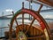 Sailing ship Sagres school on the inside side on the deck with the rudder wheel