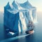 A sailing ship sails near a huge iceberg.