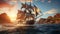 Sailing ship sails on sunset waves, an adventurous nautical journey generated by AI