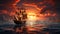Sailing ship sails on sunset waves, nature adventurous journey generated by AI