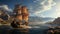 Sailing ship sails on wave, adventure in nautical journey generated by AI