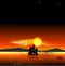 Sailing ship on the sea at sunset skyline