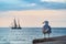 Sailing ship and seagull on the Baltic Sea in Warnemuende, Germany