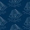 Sailing ship seamless outline vector pattern in doodle style.