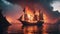 sailing ship at sunset A scary sail boat seen in a sea of fire, with volcanoes,