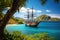 Sailing ship in the tropical sea at Seychelles, Wooden tall ship sailing in a Caribbean island bay, AI Generated