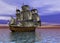 Sailing ship in the vast ocean in a sunset scene 3d rendering